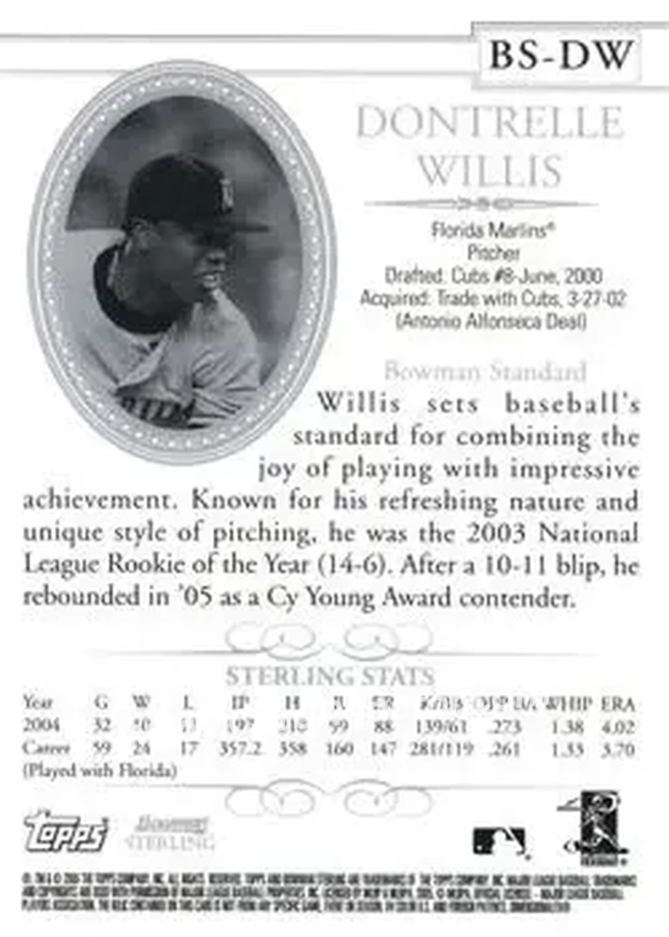 2005 Bowman Sterling #BS-DW - Dontrelle Willis - Florida Marlins - Back