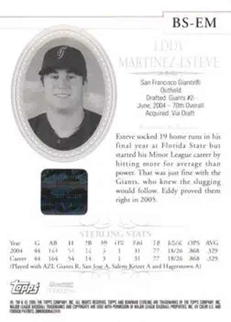 2005 Bowman Sterling #BS-EM - Eddy Martinez-Esteve - San Francisco Giants - Back