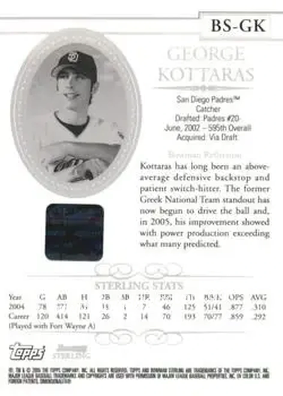 2005 Bowman Sterling #BS-GK - George Kottaras - San Diego Padres - Back