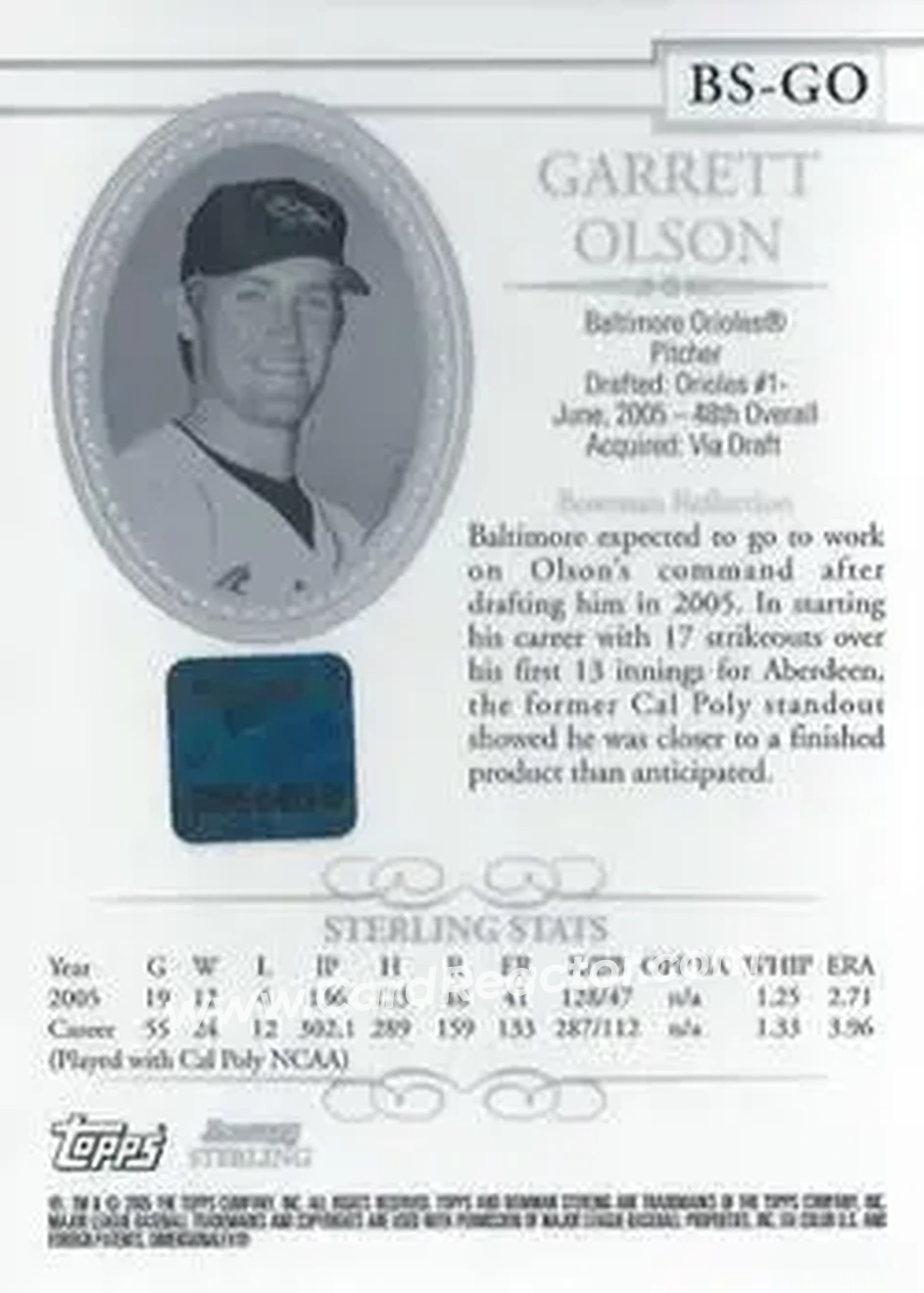 2005 Bowman Sterling #BS-GO - Garrett Olson - Baltimore Orioles - Back