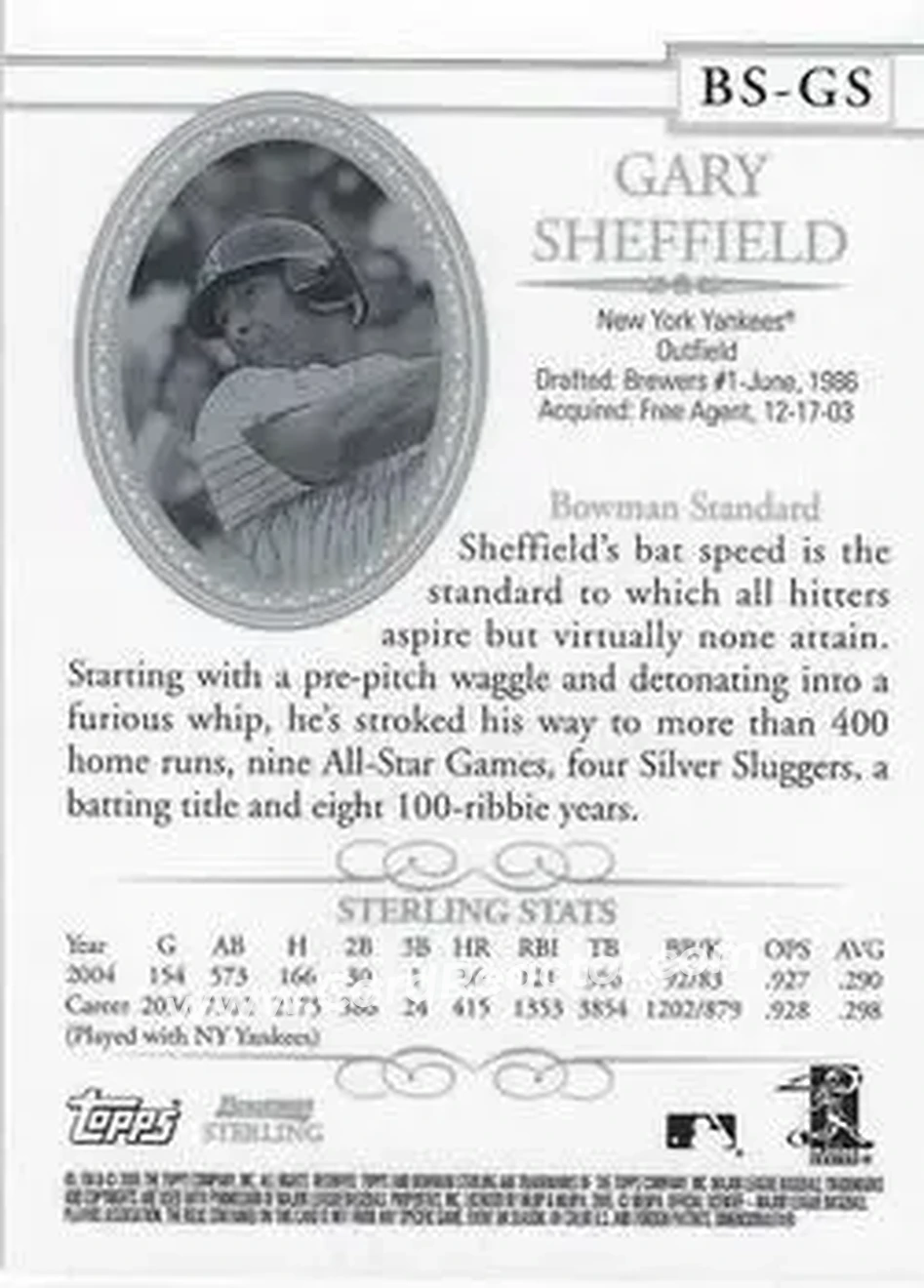 2005 Bowman Sterling #BS-GS - Gary Sheffield - New York Yankees - Back