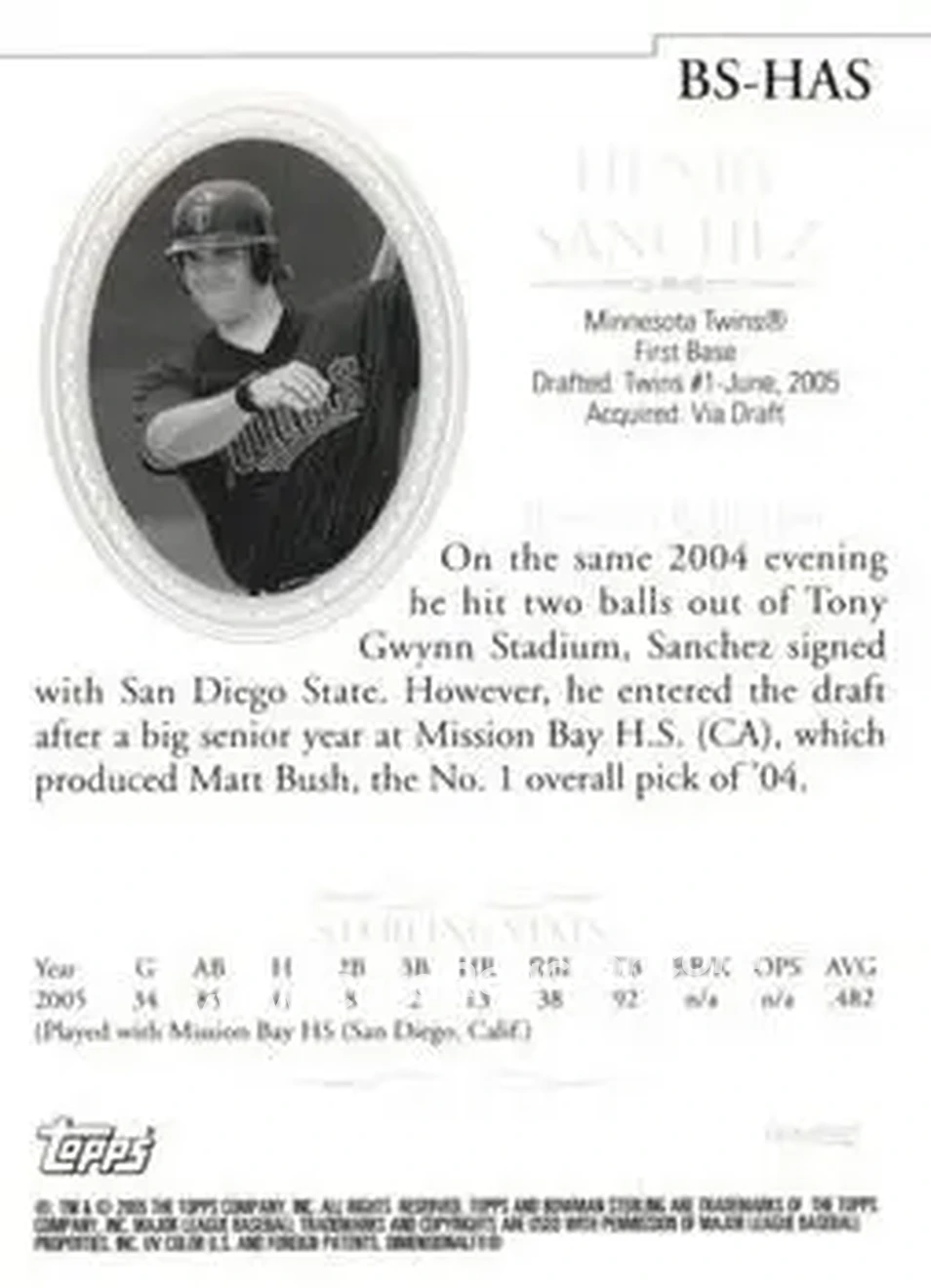 2005 Bowman Sterling #BS-HAS - Henry Sanchez - Minnesota Twins - Back