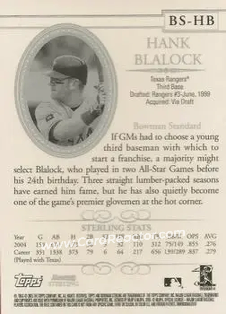 2005 Bowman Sterling #BS-HB - Hank Blalock - Texas Rangers - Back