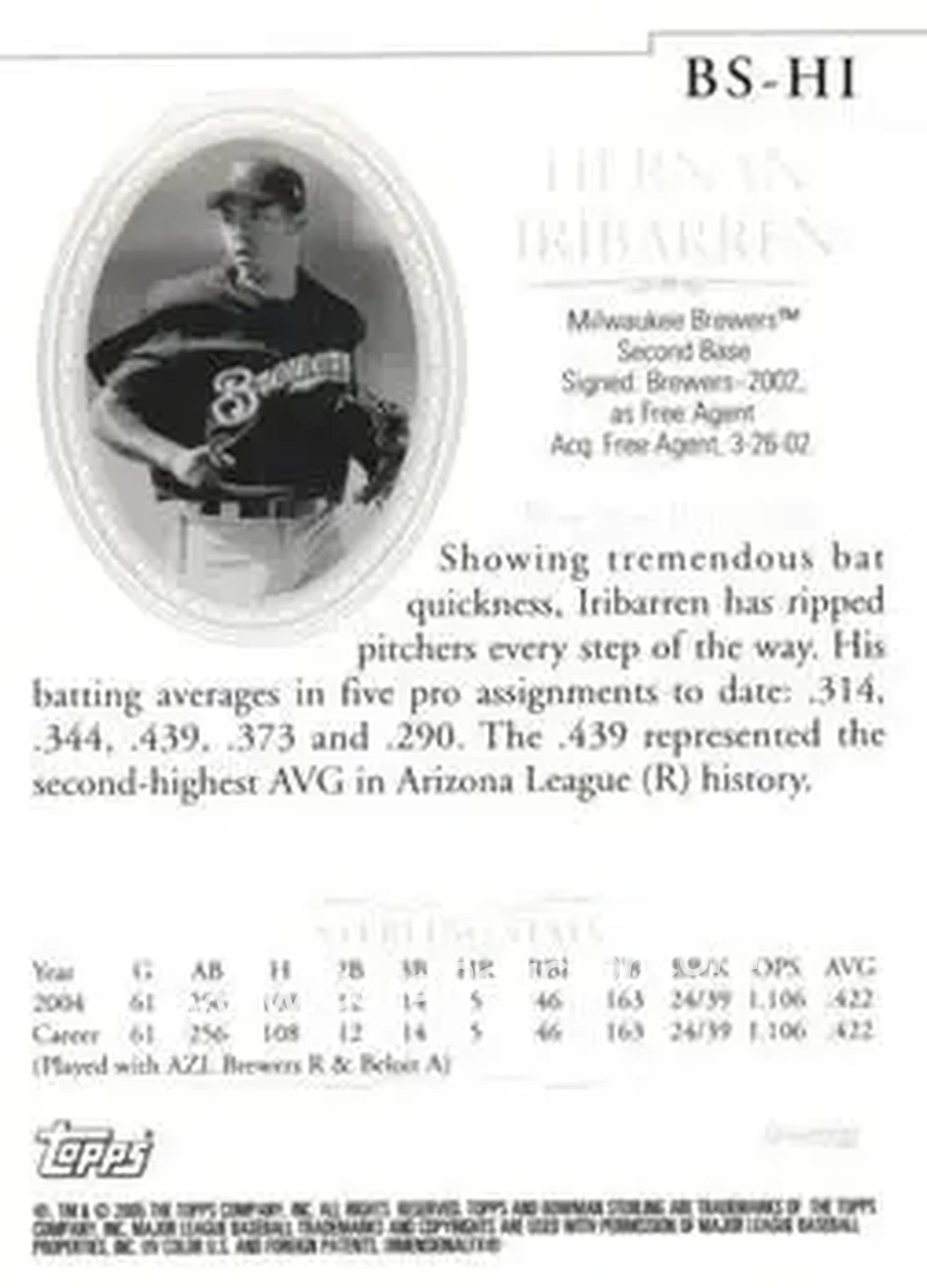 2005 Bowman Sterling #BS-HI - Hernan Iribarren - Milwaukee Brewers - Back 2005 Bowman Sterling #BS-HI - Hernan Iribarren - Milwaukee Brewers - Back