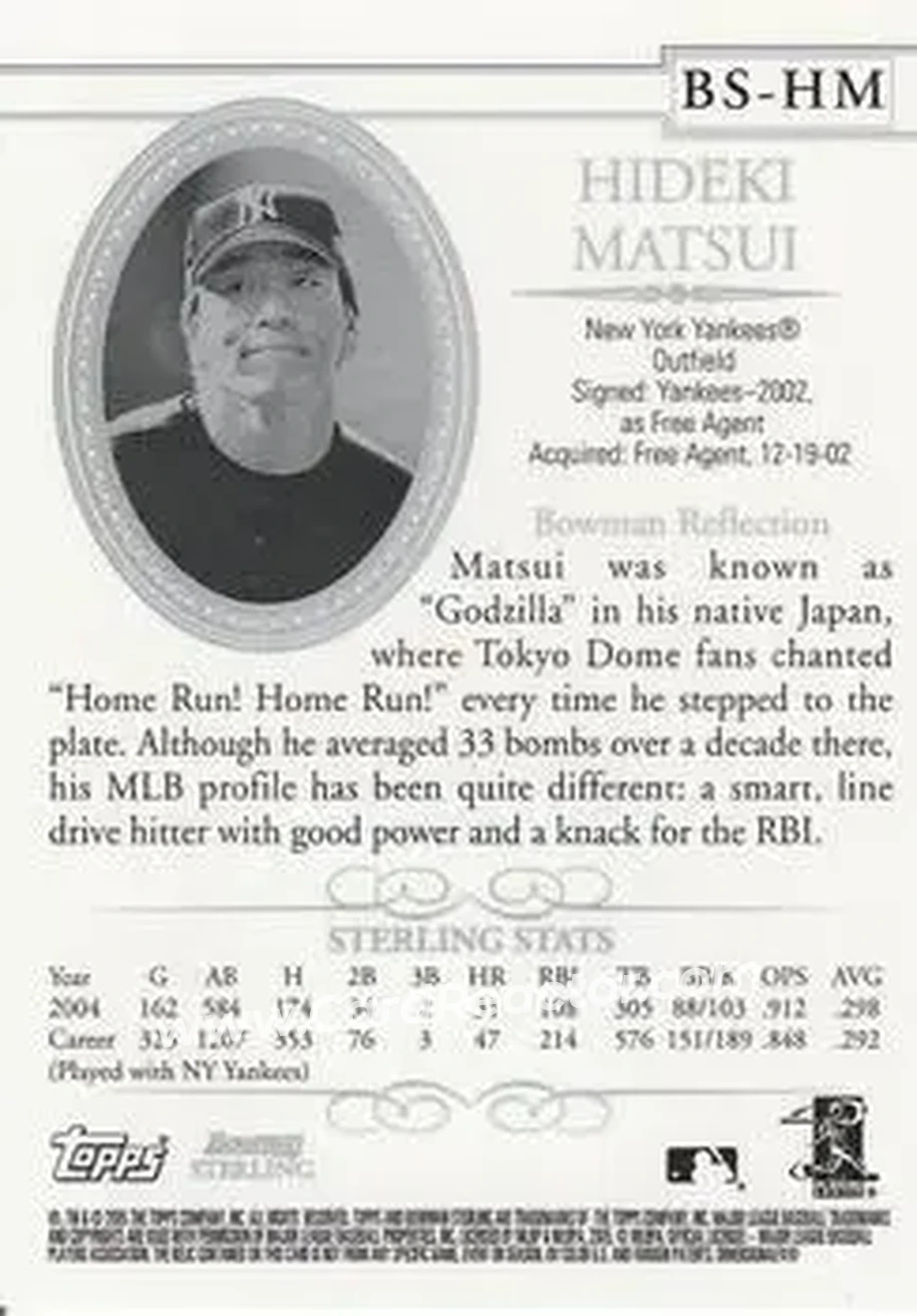 2005 Bowman Sterling #BS-HM - Hideki Matsui - New York Yankees - Back