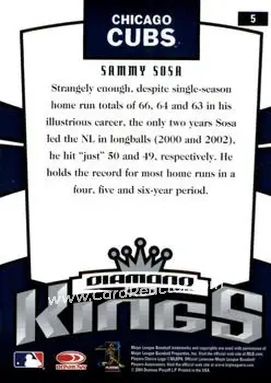 2005 Donruss #5 - Sammy Sosa - Chicago Cubs - Back
