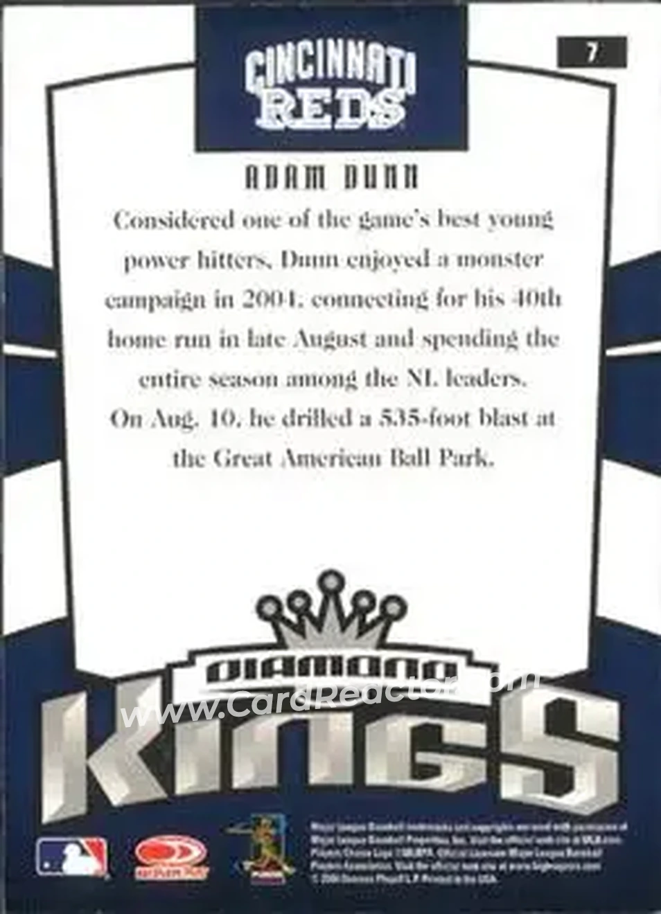 2005 Donruss #7 - Adam Dunn - Cincinnati Reds - Back 2005 Donruss #7 - Adam Dunn - Cincinnati Reds - Back