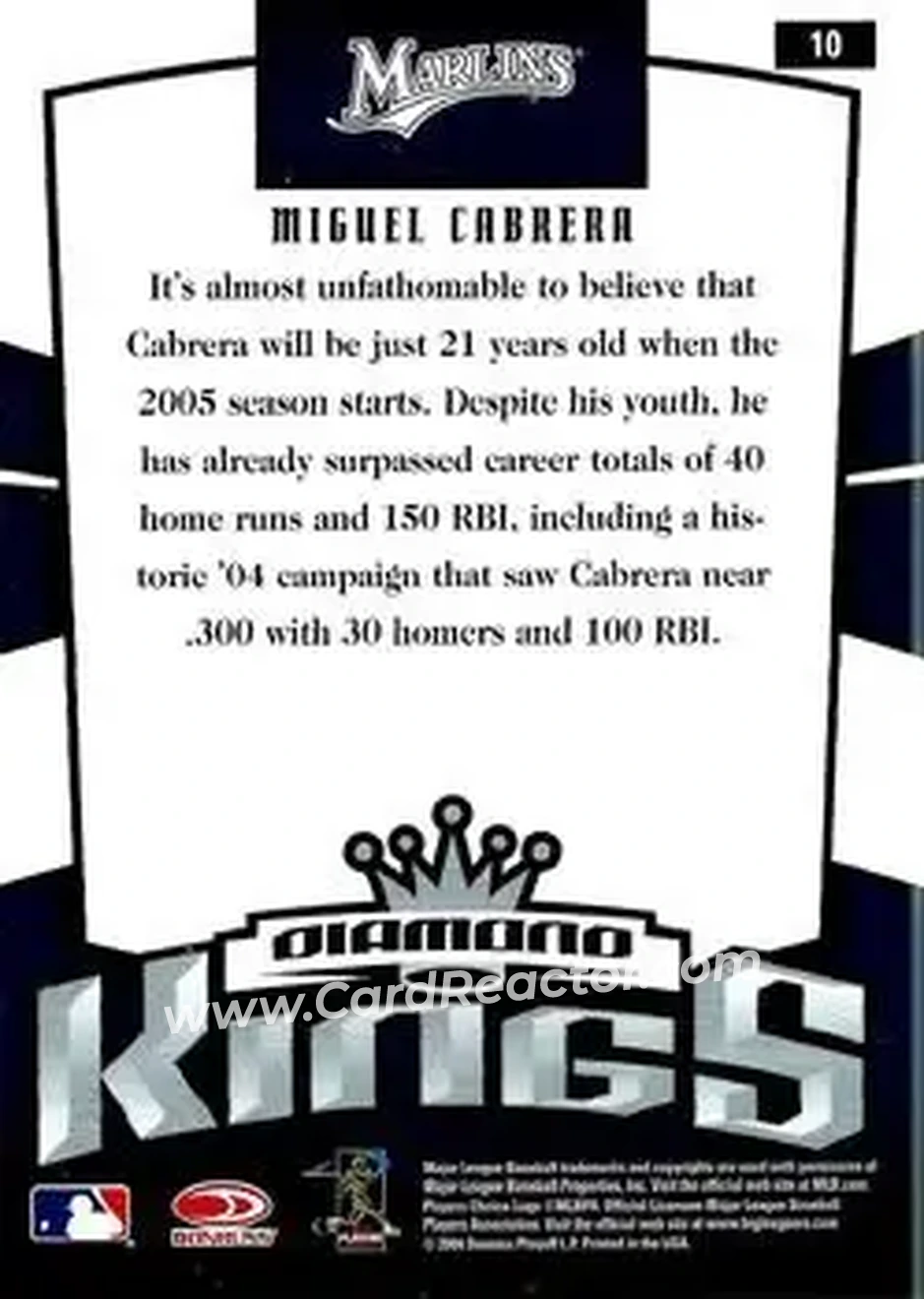2005 Donruss #10 - Miguel Cabrera - Florida Marlins - Back