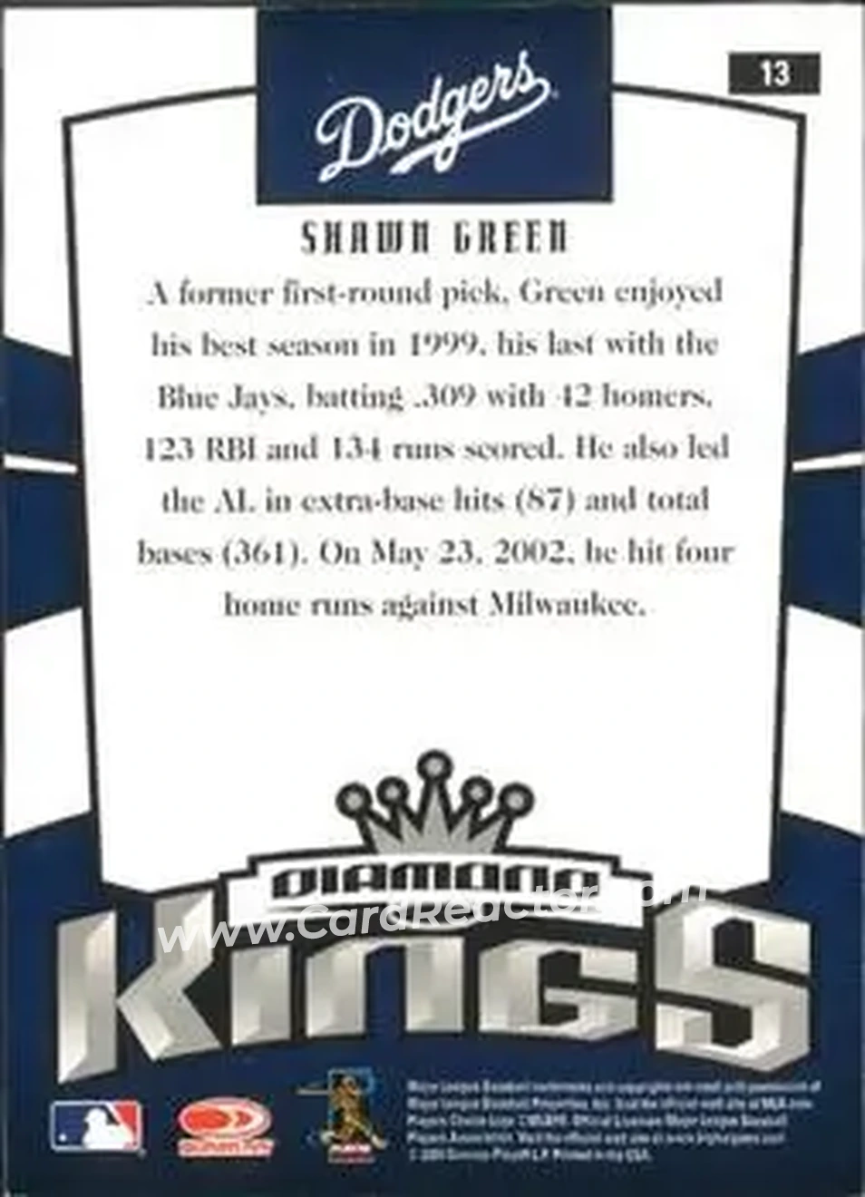 2005 Donruss #13 - Shawn Green - Los Angeles Dodgers - Back 2005 Donruss #13 - Shawn Green - Los Angeles Dodgers - Back
