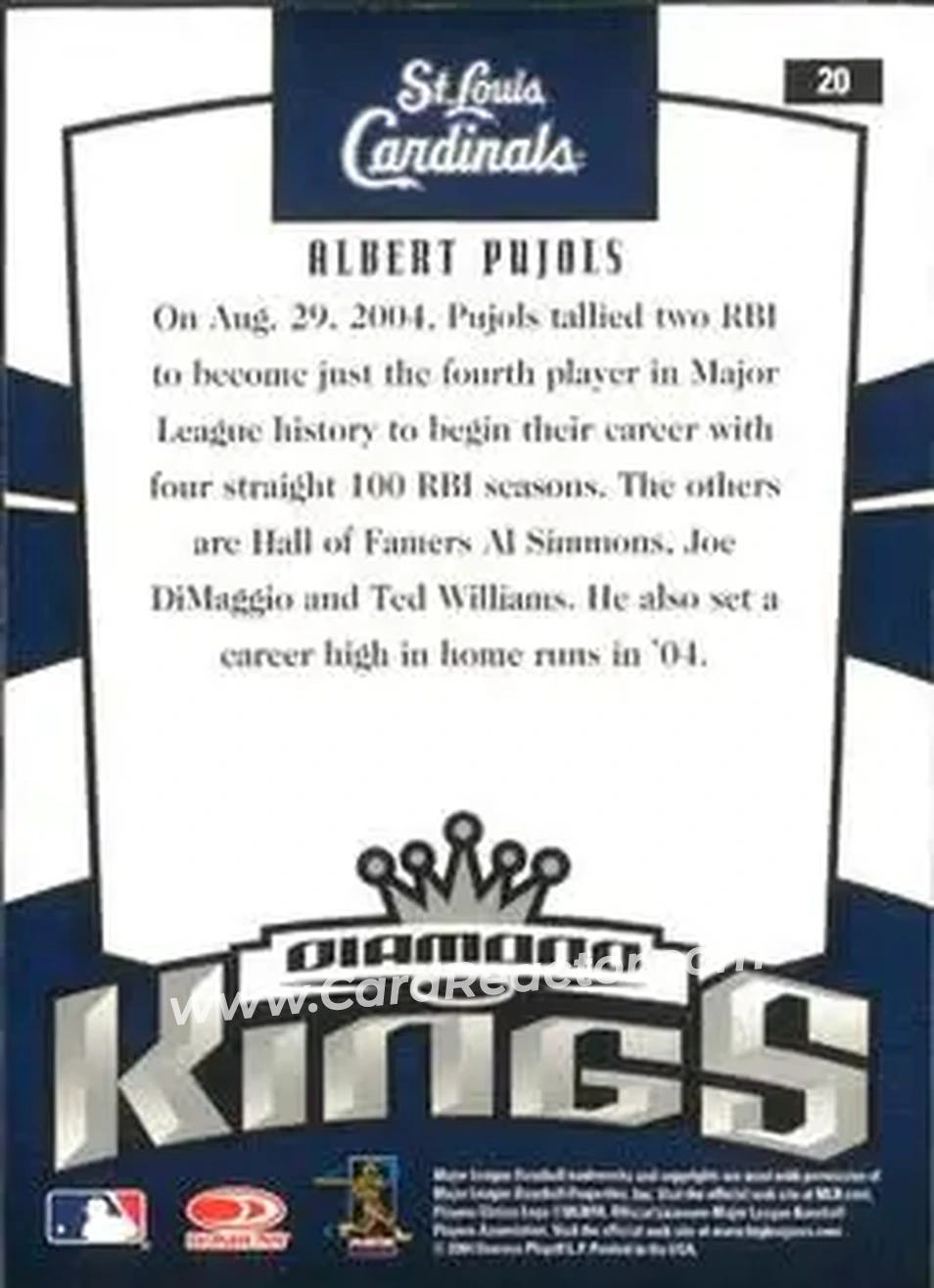 2005 Donruss #20 - Albert Pujols - St. Louis Cardinals - Back