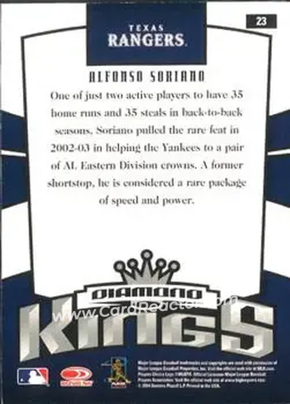 2005 Donruss #23 - Alfonso Soriano - Texas Rangers - Back 2005 Donruss #23 - Alfonso Soriano - Texas Rangers - Back
