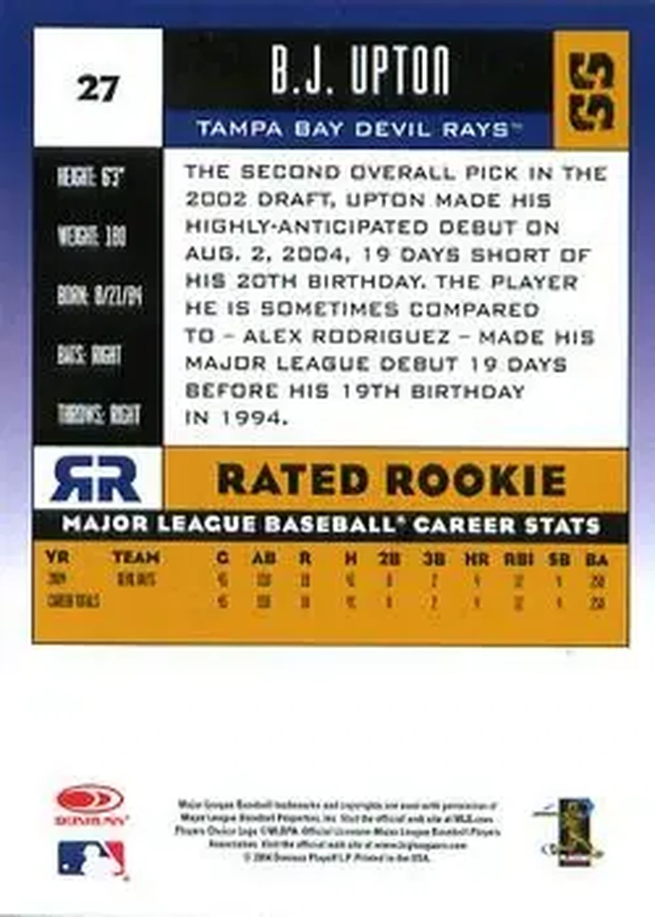2005 Donruss #27 - B.J. Upton - Tampa Bay Devil Rays - Back 2005 Donruss #27 - B.J. Upton - Tampa Bay Devil Rays - Back