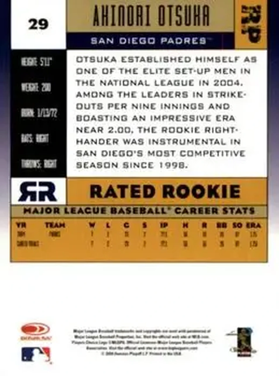 2005 Donruss #29 - Akinori Otsuka - San Diego Padres - Back 2005 Donruss #29 - Akinori Otsuka - San Diego Padres - Back