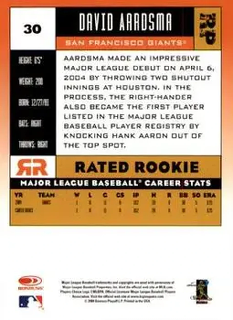 2005 Donruss #30 - David Aardsma - San Francisco Giants - Back 2005 Donruss #30 - David Aardsma - San Francisco Giants - Back