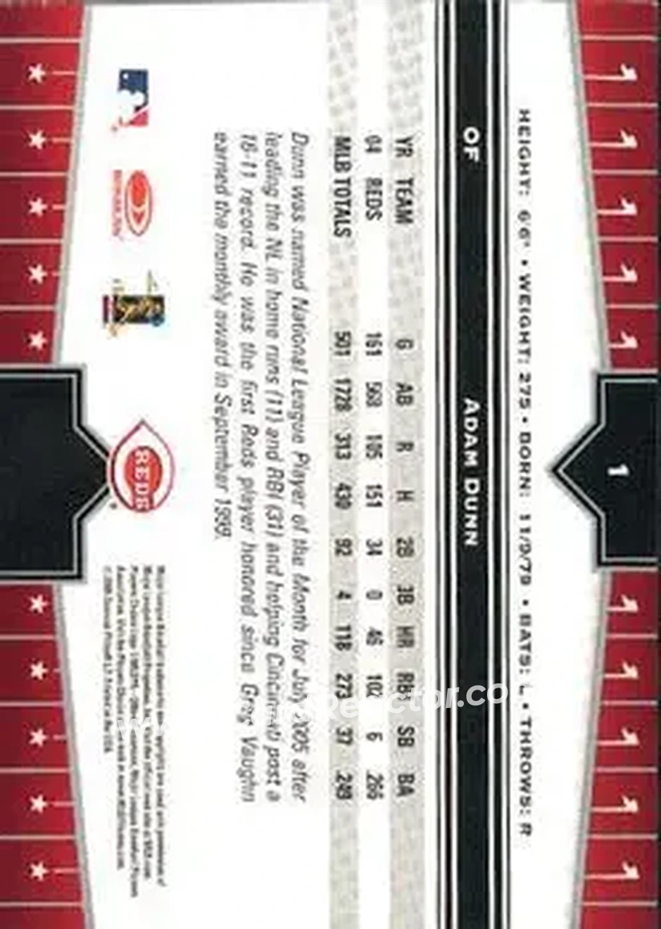 2005 Donruss Champions #1 - Adam Dunn - Cincinnati Reds - Back 2005 Donruss Champions #1 - Adam Dunn - Cincinnati Reds - Back