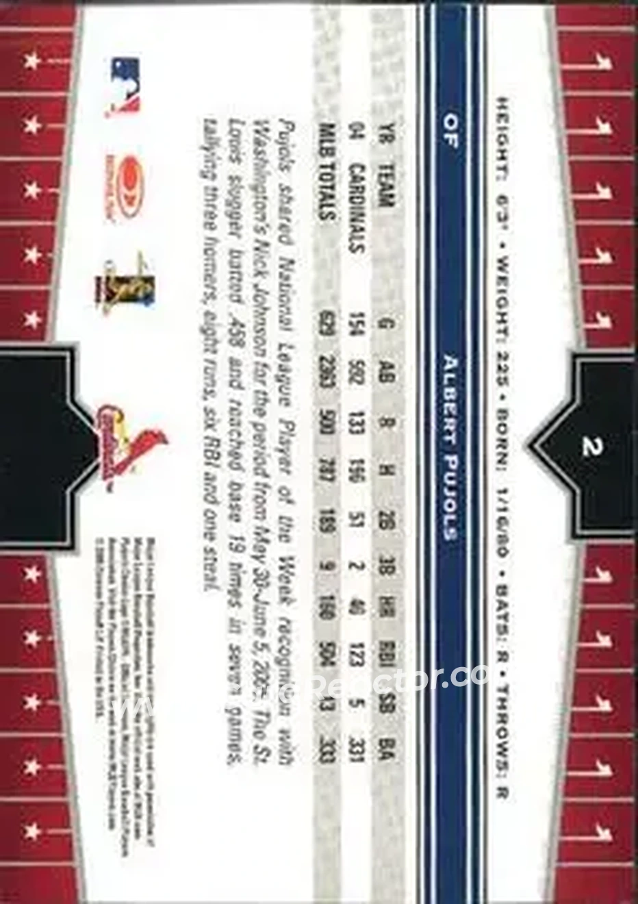 2005 Donruss Champions #2 - Albert Pujols - St. Louis Cardinals - Back