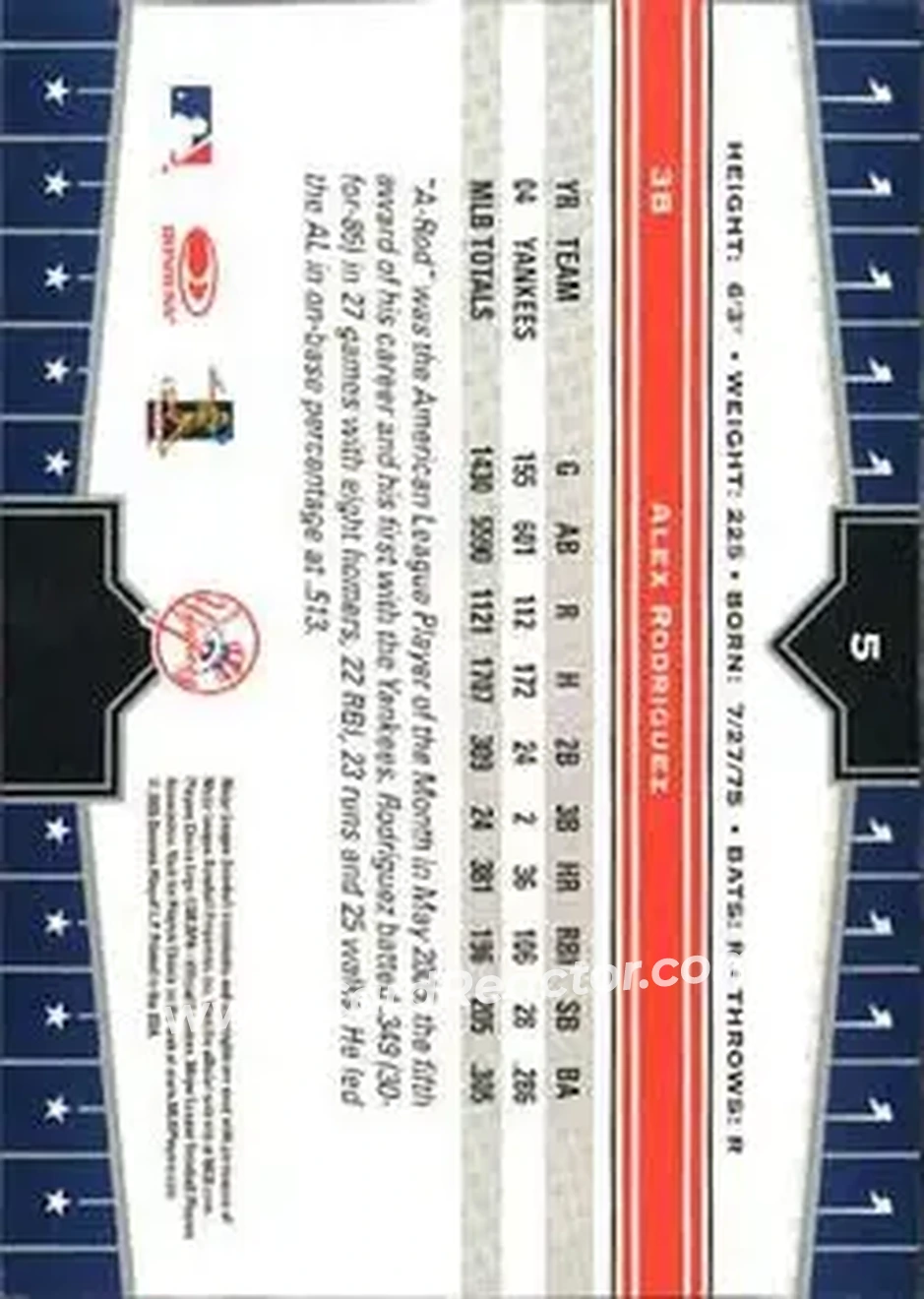 2005 Donruss Champions #5 - Alex Rodriguez - New York Yankees - Back