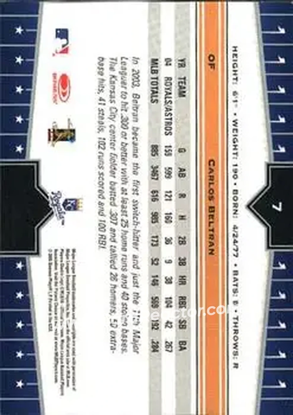 2005 Donruss Champions #7 - Carlos Beltran - Kansas City Royals - Back