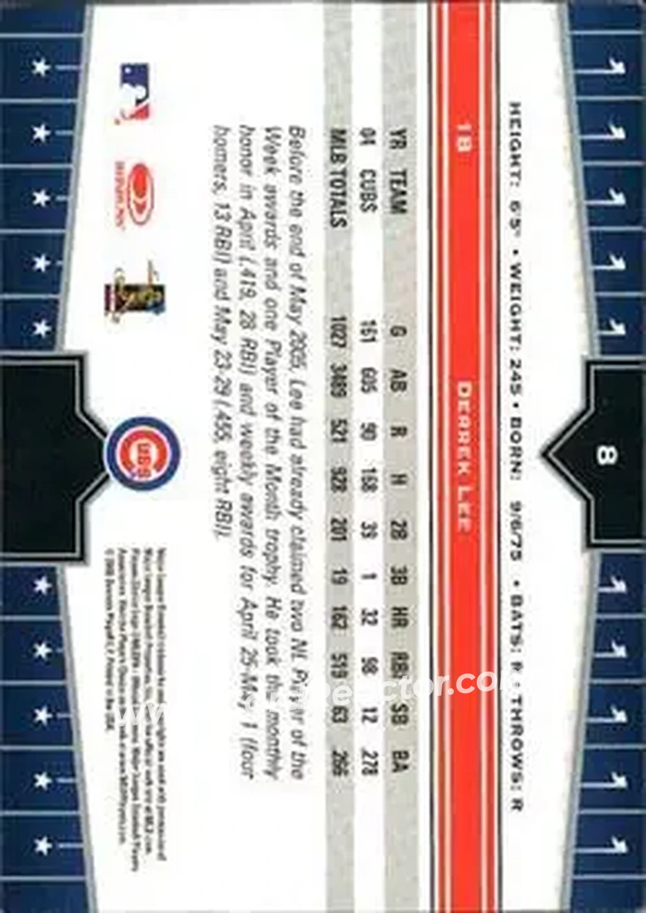 2005 Donruss Champions #8 - Derrek Lee - Chicago Cubs - Back 2005 Donruss Champions #8 - Derrek Lee - Chicago Cubs - Back