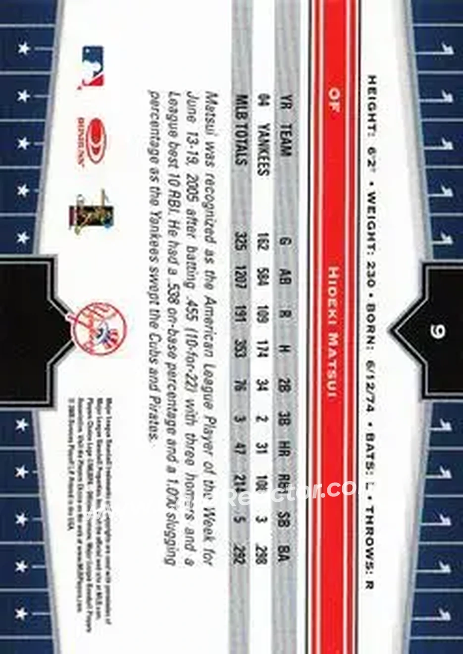2005 Donruss Champions #9 - Hideki Matsui - New York Yankees - Back 2005 Donruss Champions #9 - Hideki Matsui - New York Yankees - Back