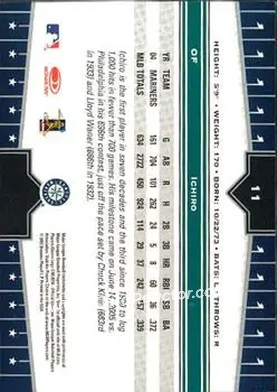 2005 Donruss Champions #11 - Ichiro - Seattle Mariners - Back 2005 Donruss Champions #11 - Ichiro - Seattle Mariners - Back