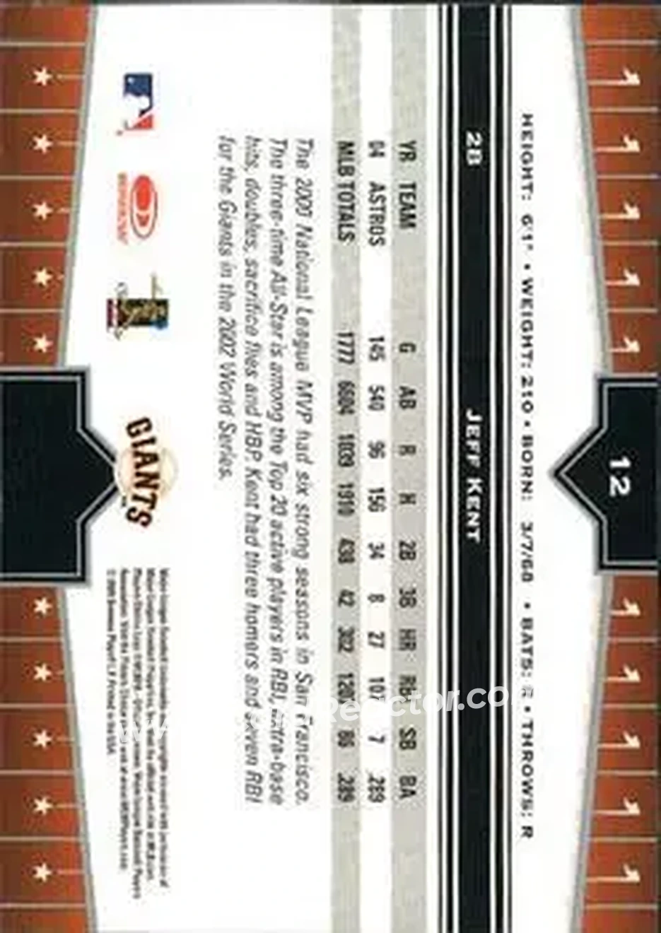 2005 Donruss Champions #12 - Jeff Kent - San Francisco Giants - Back 2005 Donruss Champions #12 - Jeff Kent - San Francisco Giants - Back