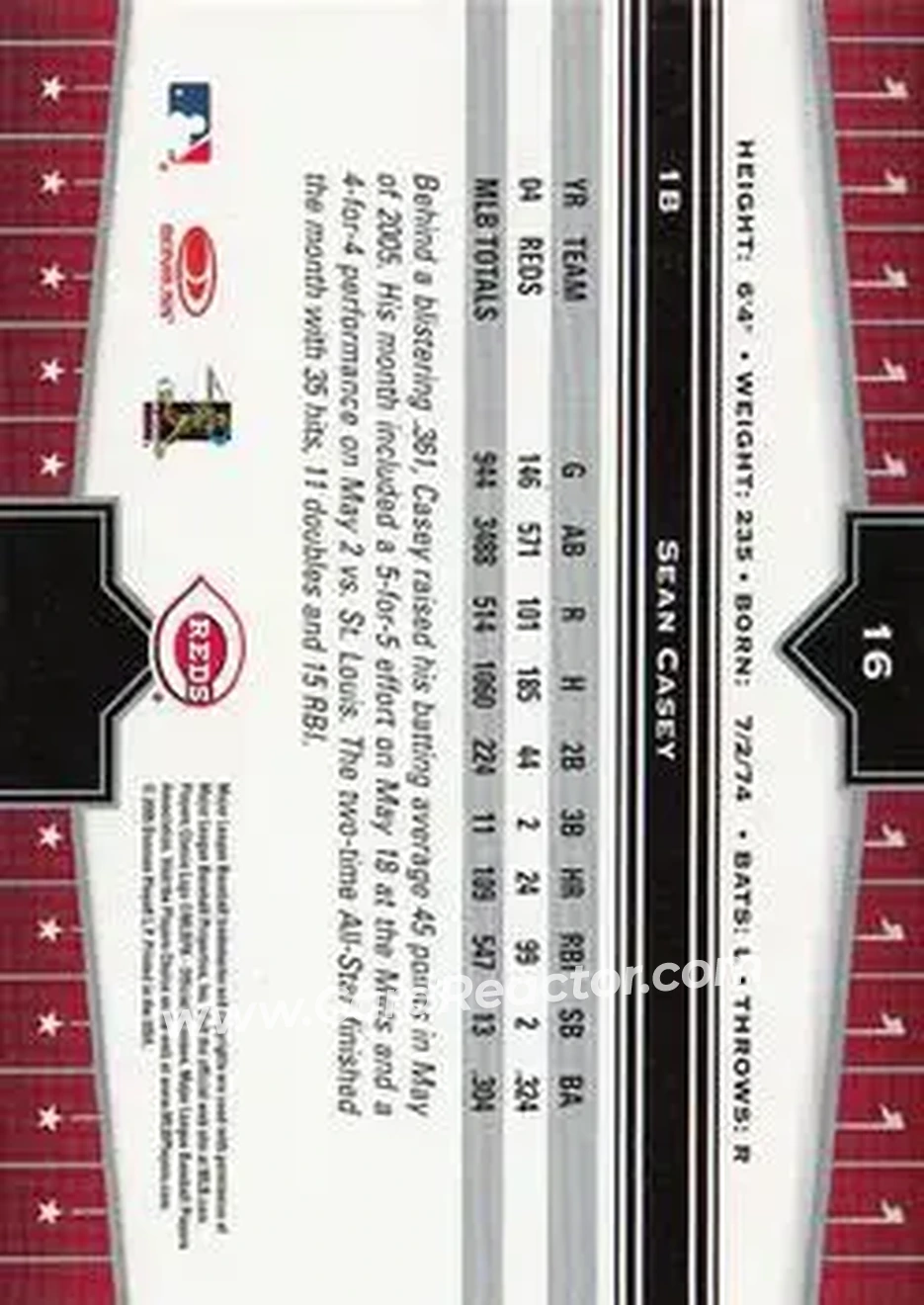 2005 Donruss Champions #16 - Sean Casey - Cincinnati Reds - Back 2005 Donruss Champions #16 - Sean Casey - Cincinnati Reds - Back