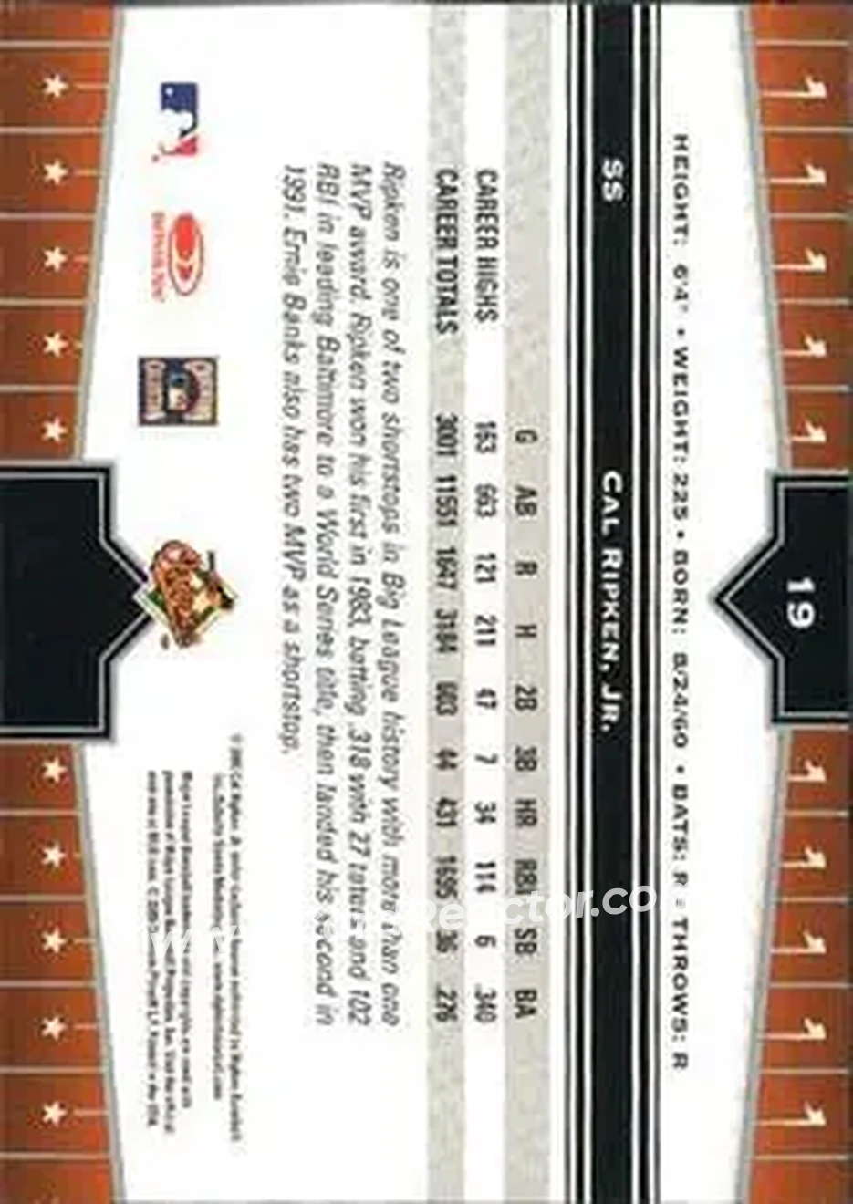 2005 Donruss Champions #19 - Cal Ripken - Baltimore Orioles - Back 2005 Donruss Champions #19 - Cal Ripken - Baltimore Orioles - Back