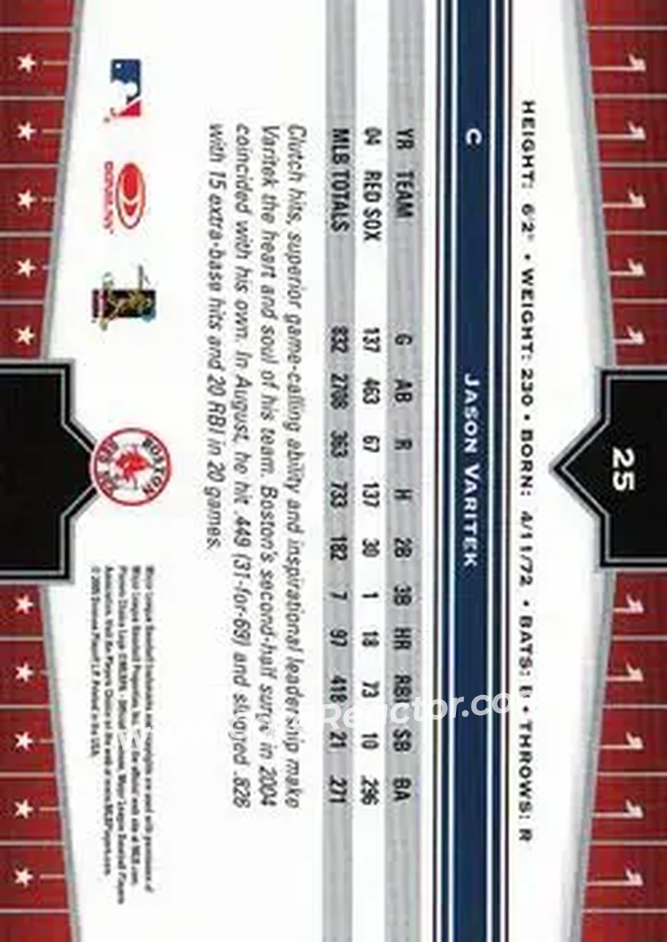 2005 Donruss Champions #25 - Jason Varitek - Boston Red Sox - Back