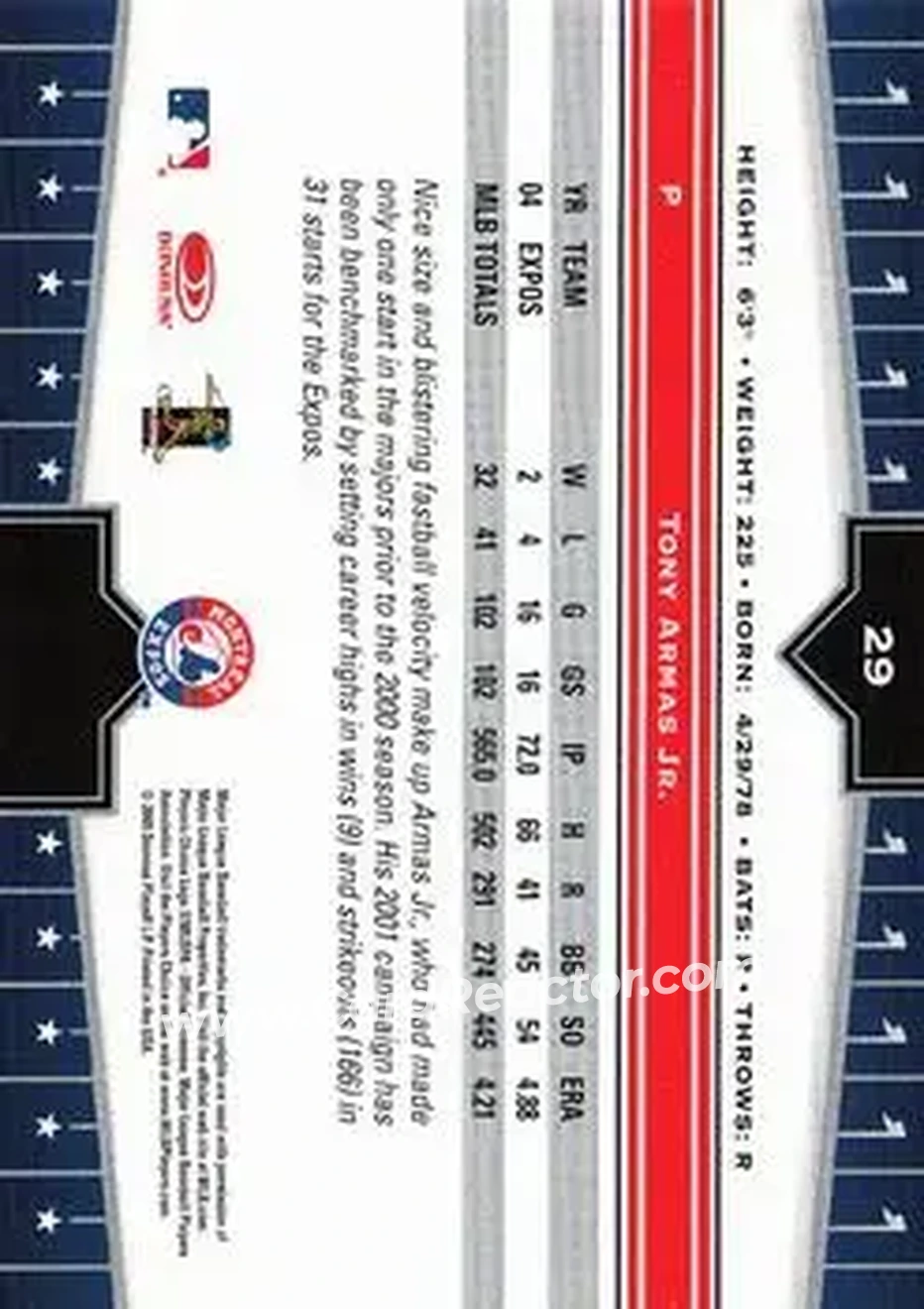 2005 Donruss Champions #29 - Tony Armas, Jr. - Montreal Expos - Back