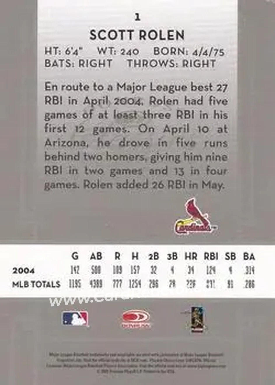 2005 Donruss Classics #1 - Scott Rolen - St. Louis Cardinals - Back 2005 Donruss Classics #1 - Scott Rolen - St. Louis Cardinals - Back