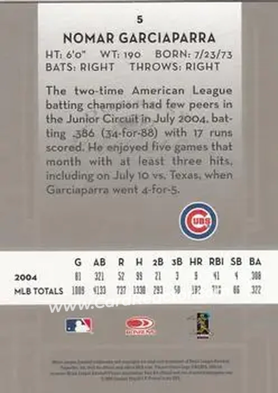 2005 Donruss Classics #5 - Nomar Garciaparra - Chicago Cubs - Back