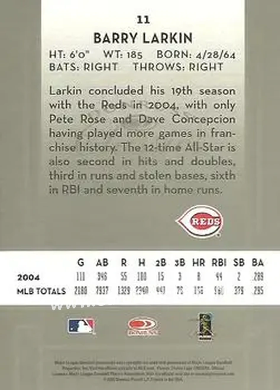 2005 Donruss Classics #11 - Barry Larkin - Cincinnati Reds - Back