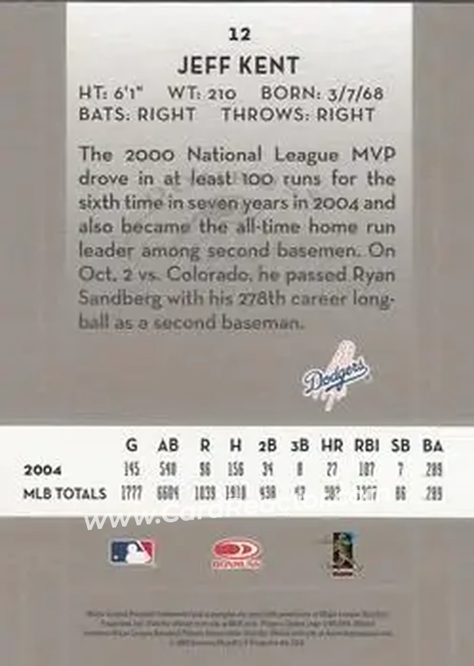 2005 Donruss Classics #12 - Jeff Kent - Los Angeles Dodgers - Back 2005 Donruss Classics #12 - Jeff Kent - Los Angeles Dodgers - Back