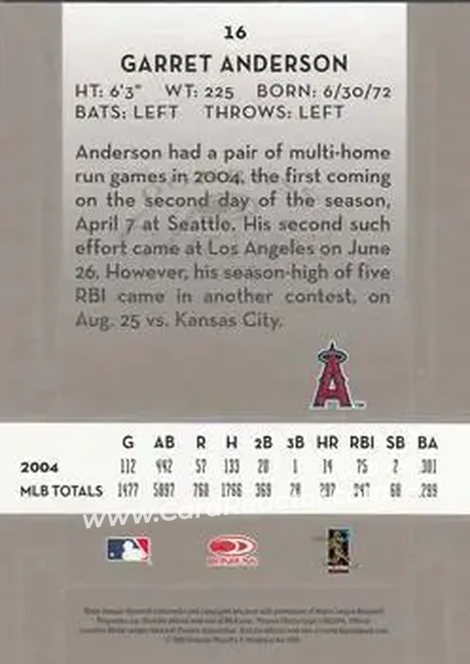 2005 Donruss Classics #16 - Garret Anderson - Anaheim Angels - Back 2005 Donruss Classics #16 - Garret Anderson - Anaheim Angels - Back