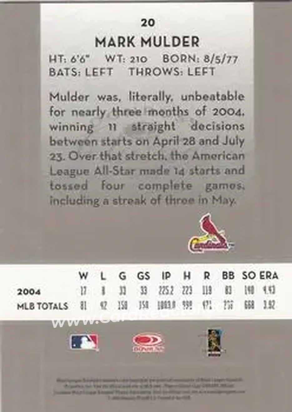 2005 Donruss Classics #20 - Mark Mulder - St. Louis Cardinals - Back 2005 Donruss Classics #20 - Mark Mulder - St. Louis Cardinals - Back