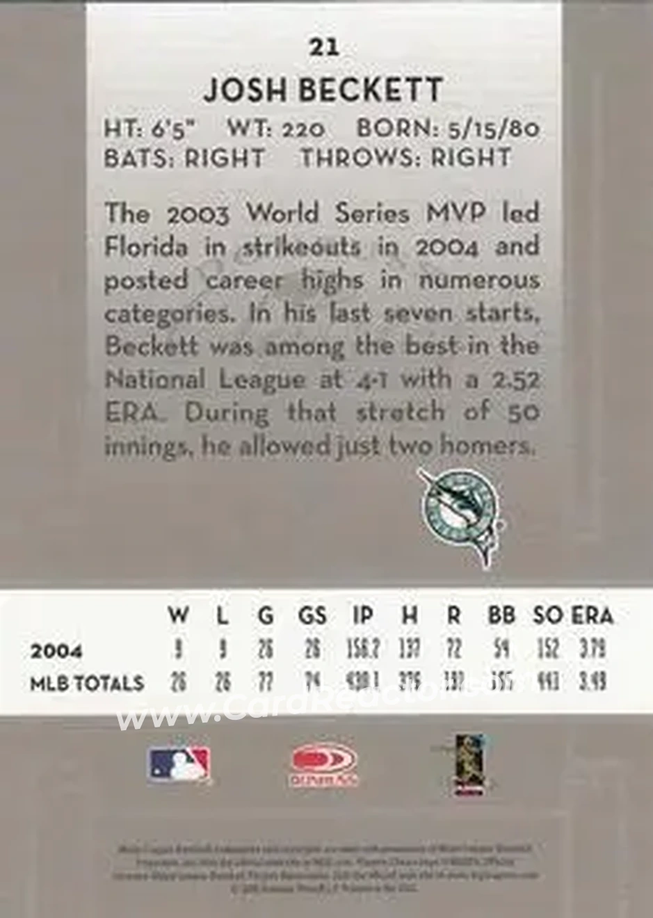 2005 Donruss Classics #21 - Josh Beckett - Florida Marlins - Back