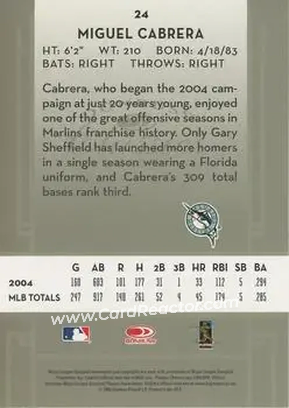 2005 Donruss Classics #24 - Miguel Cabrera - Florida Marlins - Back 2005 Donruss Classics #24 - Miguel Cabrera - Florida Marlins - Back