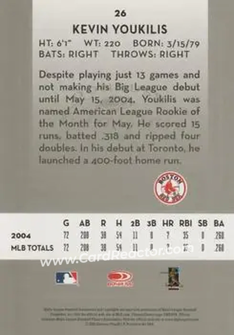 2005 Donruss Classics #26 - Kevin Youkilis - Boston Red Sox - Back 2005 Donruss Classics #26 - Kevin Youkilis - Boston Red Sox - Back