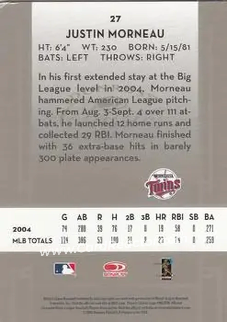 2005 Donruss Classics #27 - Justin Morneau - Minnesota Twins - Back