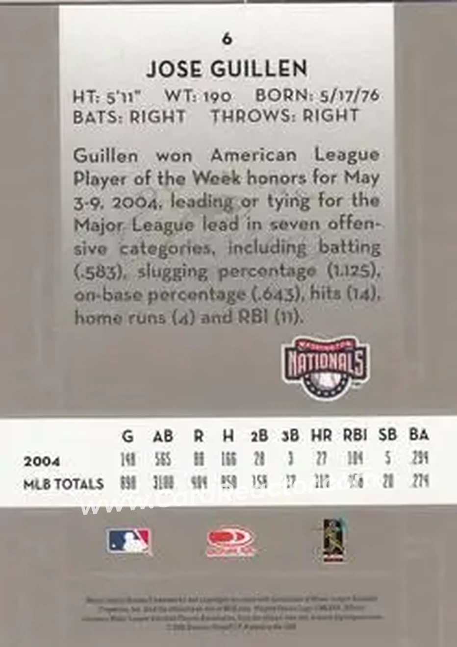 2005 Donruss Classics #6 - Jose Guillen - Washington Nationals - Back 2005 Donruss Classics #6 - Jose Guillen - Washington Nationals - Back