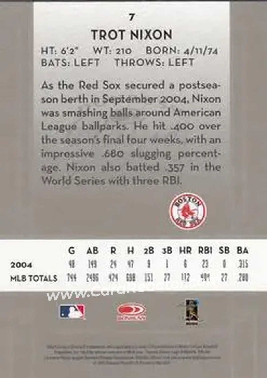 2005 Donruss Classics #7 - Trot Nixon - Boston Red Sox - Back 2005 Donruss Classics #7 - Trot Nixon - Boston Red Sox - Back