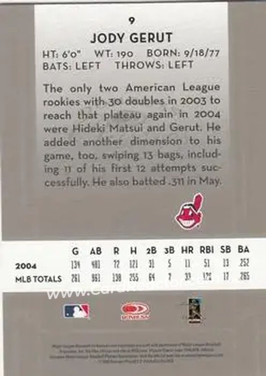 2005 Donruss Classics #9 - Jody Gerut - Cleveland Indians - Back 2005 Donruss Classics #9 - Jody Gerut - Cleveland Indians - Back