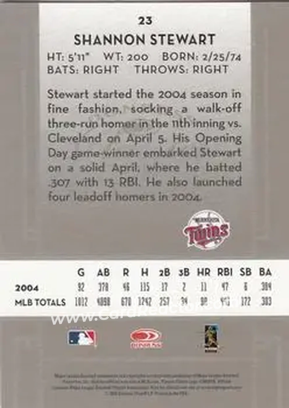 2005 Donruss Classics #23 - Shannon Stewart - Minnesota Twins - Back