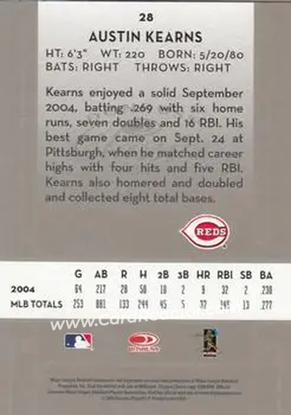 2005 Donruss Classics #28 - Austin Kearns - Cincinnati Reds - Back 2005 Donruss Classics #28 - Austin Kearns - Cincinnati Reds - Back