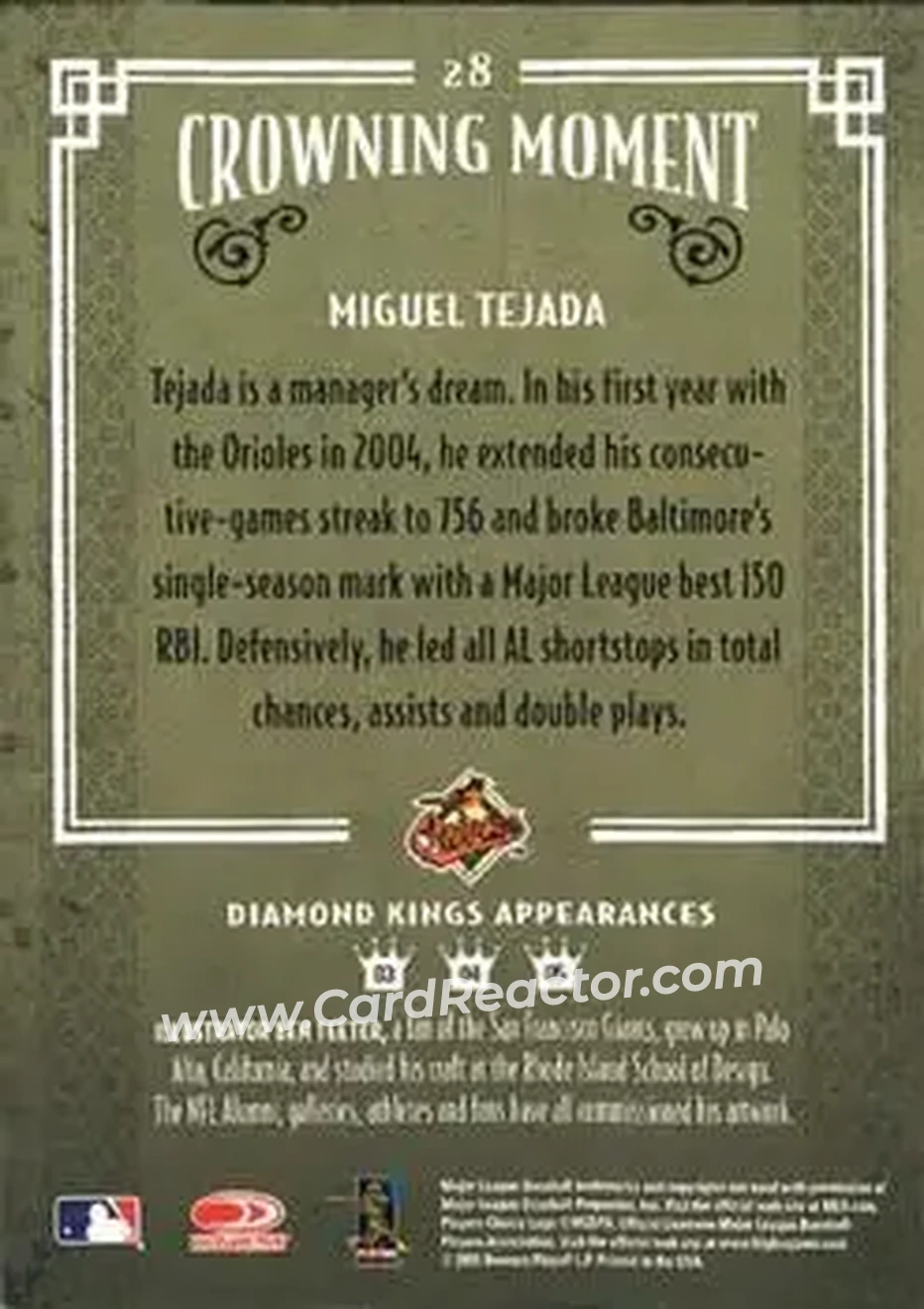 2005 Donruss Diamond Kings #28 - Miguel Tejada - Baltimore Orioles - Back