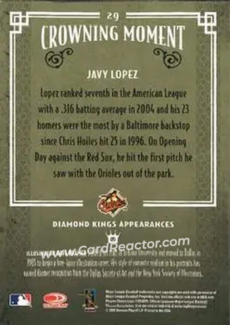 2005 Donruss Diamond Kings #29 - Javier Lopez - Baltimore Orioles - Back