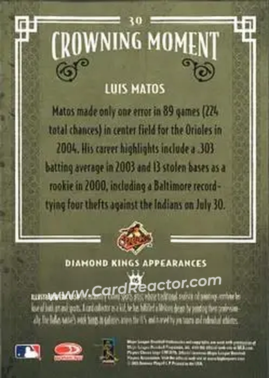 2005 Donruss Diamond Kings #30 - Luis Matos - Baltimore Orioles - Back