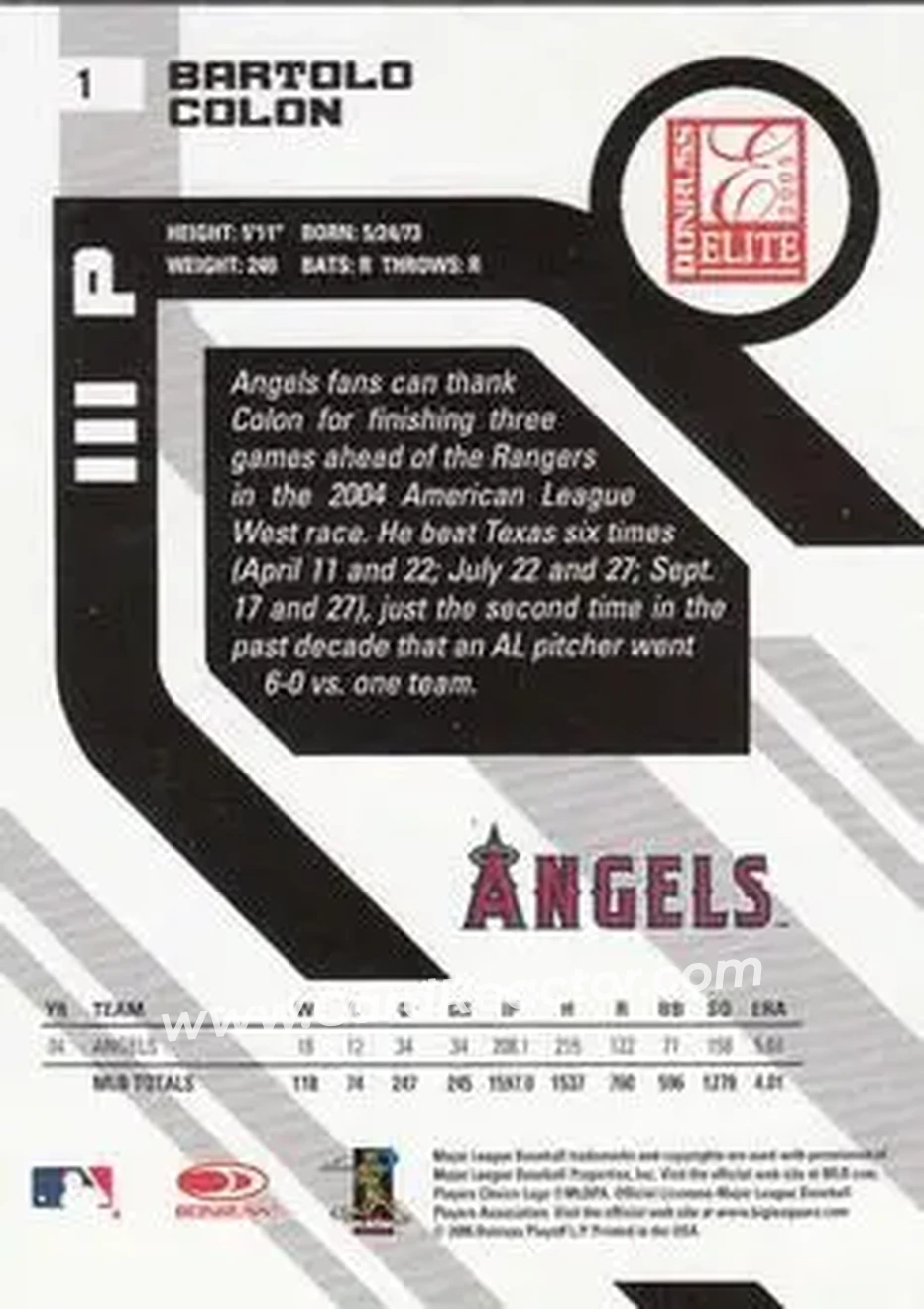 2005 Donruss Elite #1 - Bartolo Colon - Los Angeles Angels - Back