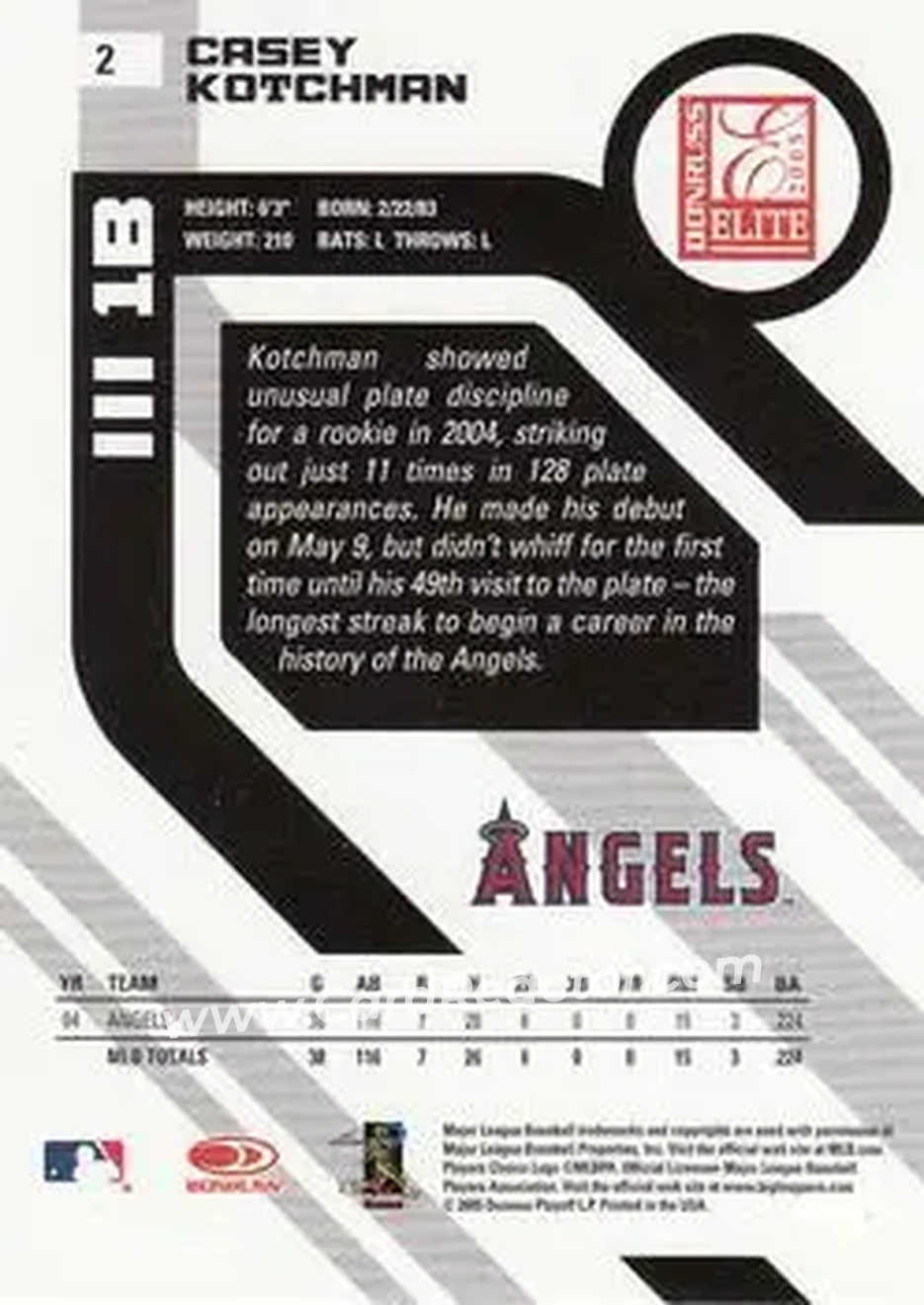 2005 Donruss Elite #2 - Casey Kotchman - Los Angeles Angels - Back